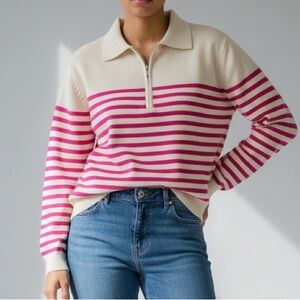 Industry Women’s Cream Pink Collared Striped Sweater Sz XL Knit Rugby VNeck